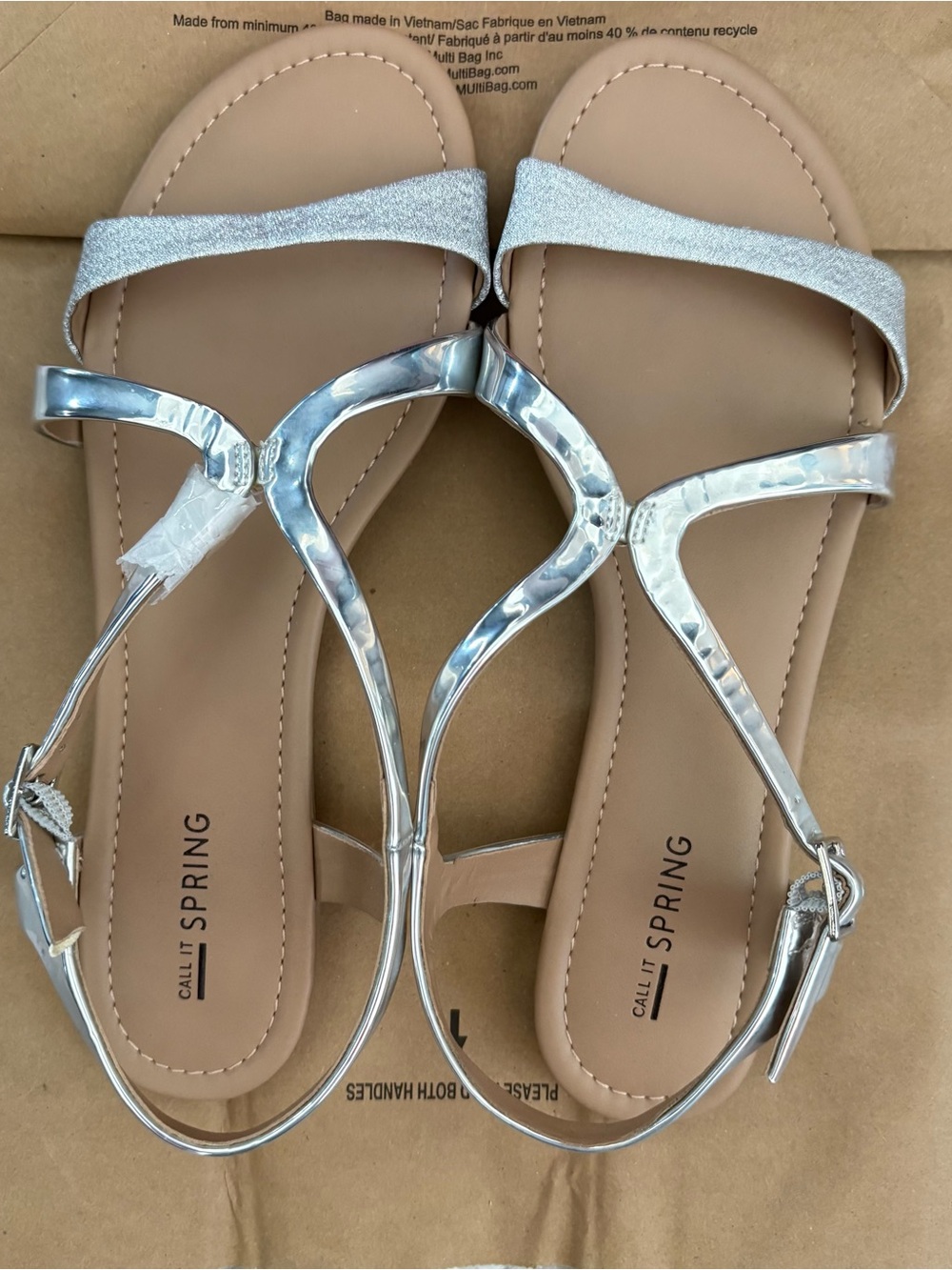 Call It Spring Silver Metallic T-Strap Sandals with Neutral Footbed